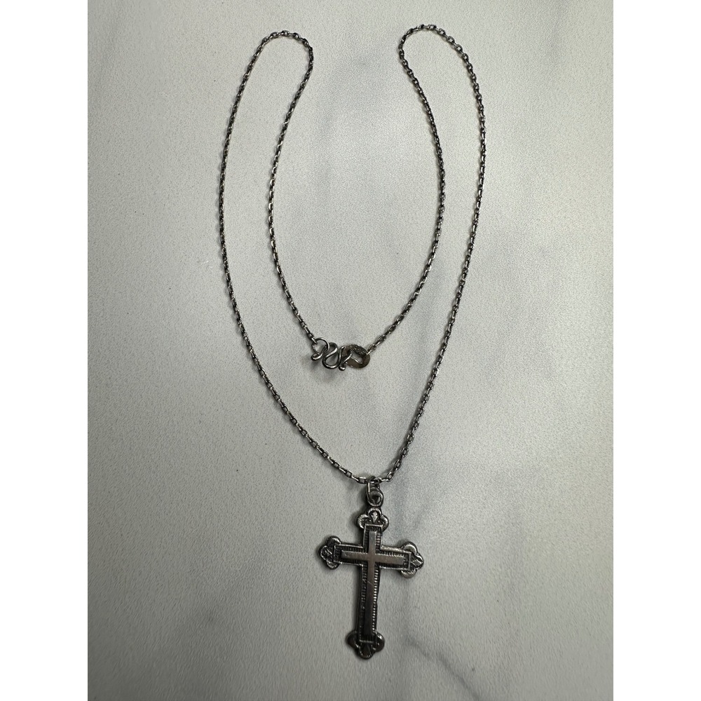 Vintage 925 Sterling Silver Ornate Cross Pendant Necklace S-Hook Cable Chain